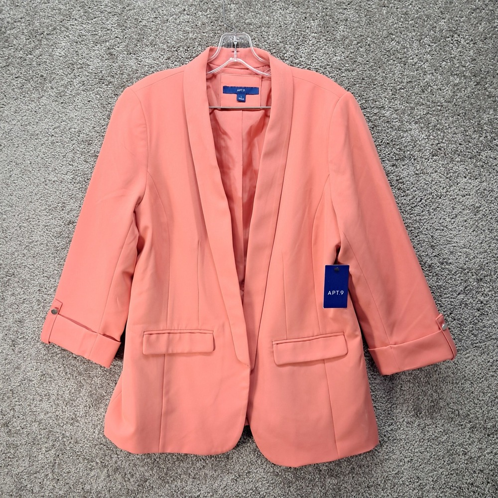 Apt 9 Womens Coral Pink Open Front Blazer 3/4 Sleeve Shawl Collar Size L NEW